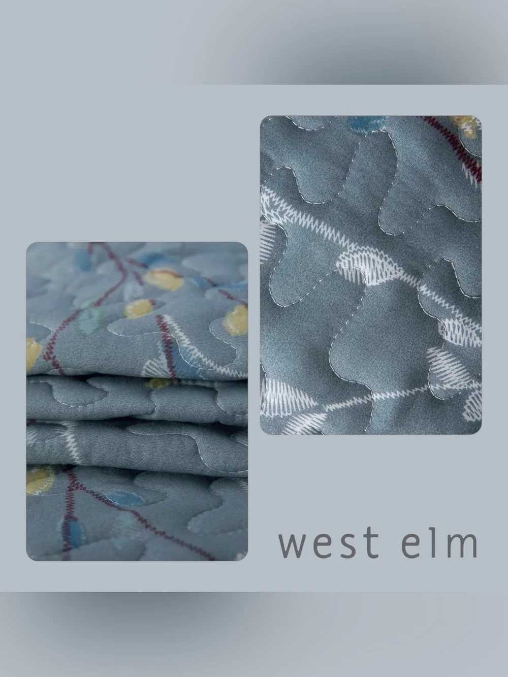 NEW West Elm Blue Queen King Floral Embroidered Bedspread Quilt Pillow Case Set